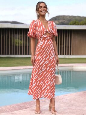 Stripe Pattern Cutout Puff-Sleeve Maxi Dress, Women’s XS